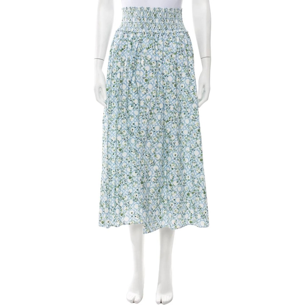 Hill House A-line Midi Skirt XL Blue Floral Smocked Waist Pockets Cotton Cottage
